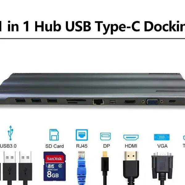 11-in-1 USB 3.1 Type C Data HUB with 3*USB 3.0 4K HD RJ45 VGA Mini DP TF/SD Card Reader Docking Station for Laptop Tablet