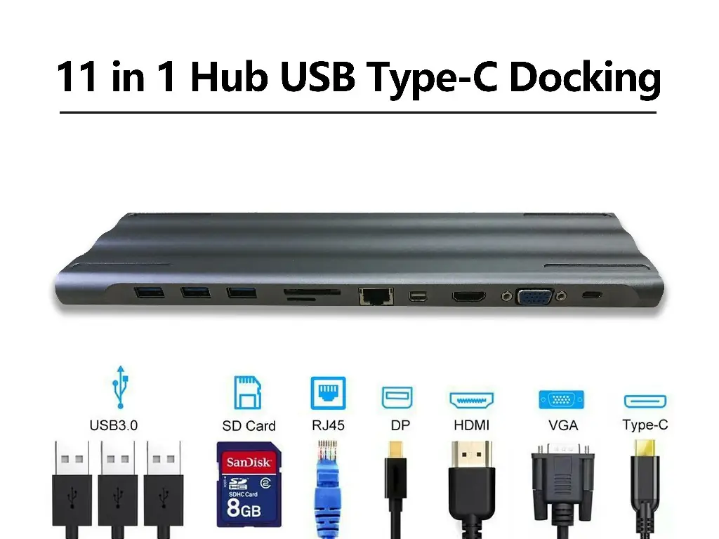 11-in-1 USB 3.1 Type C Data HUB with 3*USB 3.0 4K HD RJ45 VGA Mini DP TF/SD Card Reader Docking Station for Laptop Tablet